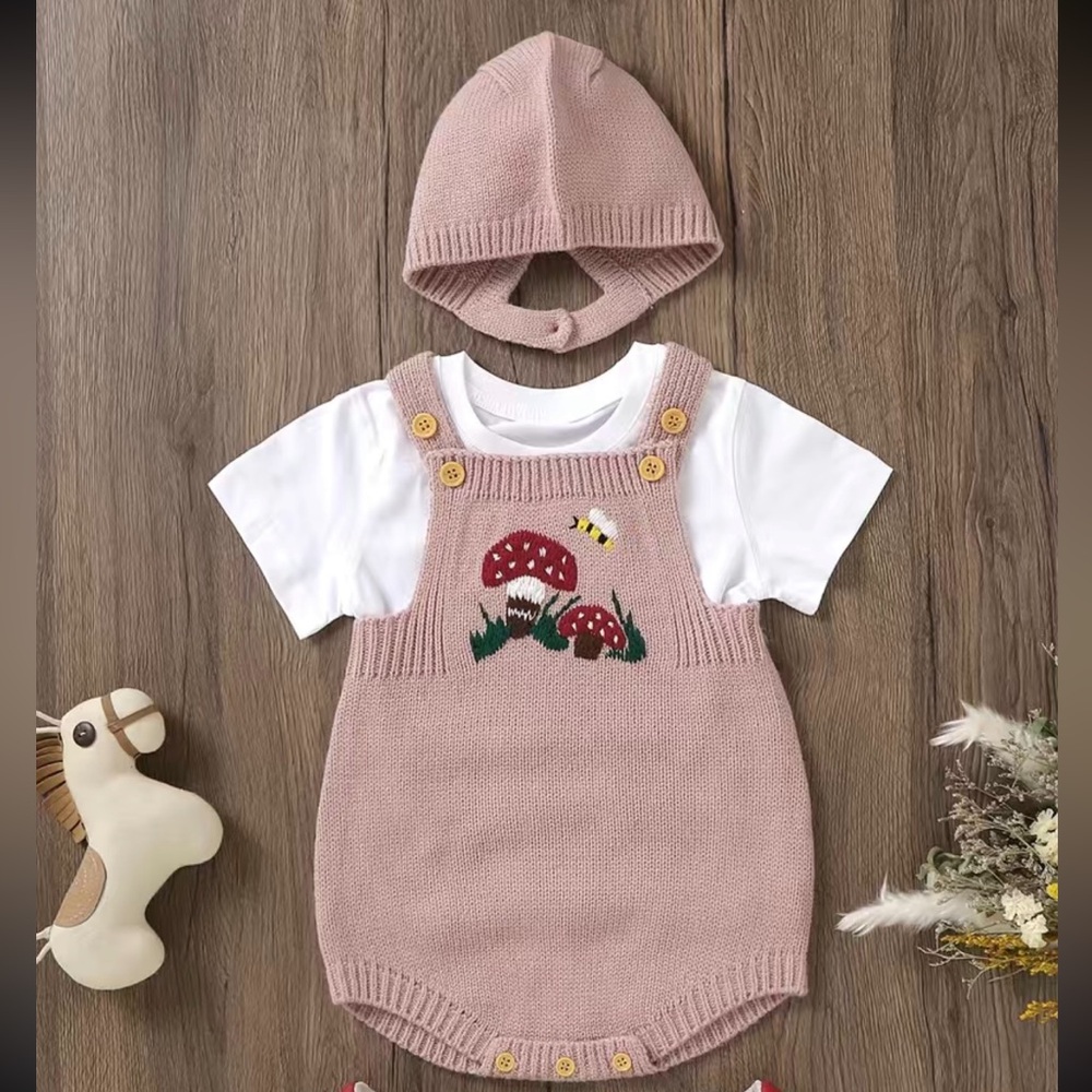 Pink Knit Baby Romper with Mushroom Design, 12-18 months, NWOT
